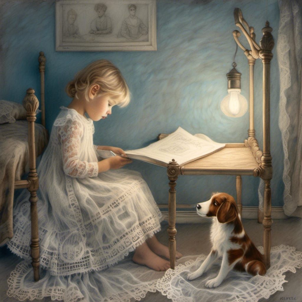 Girl Reads to Puppy: Whimsical Pencil Drawing