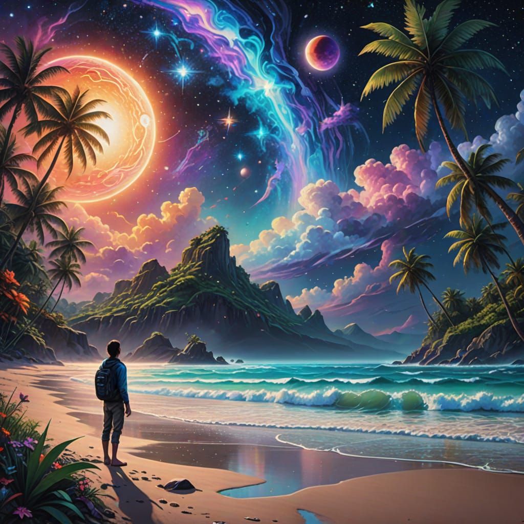 Stargazing Figure on Serene Beach at Dusk