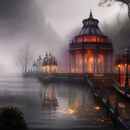 Eerie Lakeside Park in Cold Rain: Digital Matte Painting