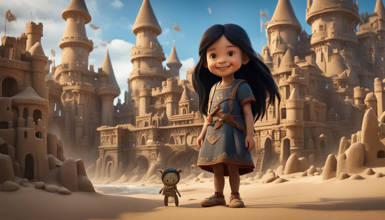 Smiling Girl and Sandcastle: Detailed Matte Painting