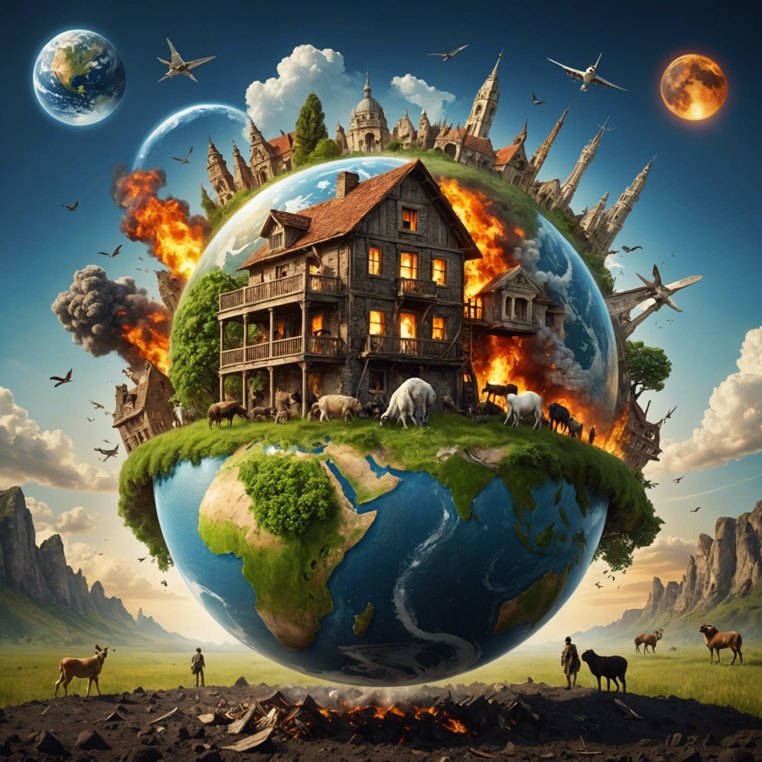 One earth One Home, globe rising from ashes covered with people animals nature and civilization