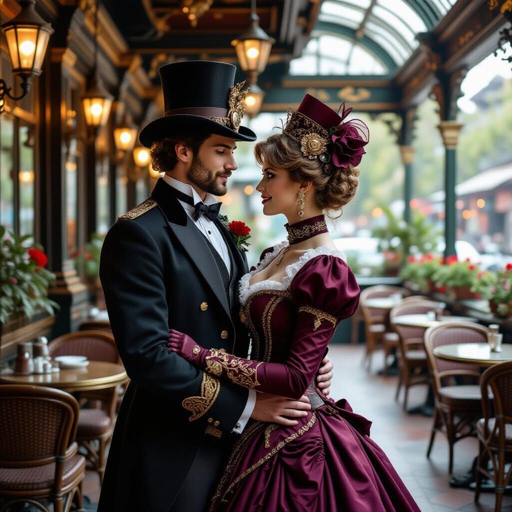 Elegant Steampunk Couple in Victorian Cafe