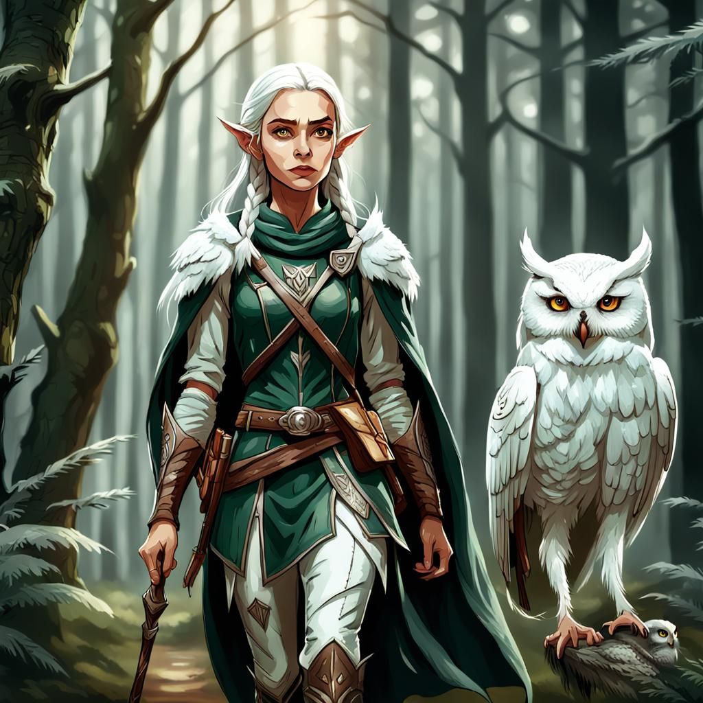 Elf Hunter and Owl in Forest, Thick Stroke Drawing