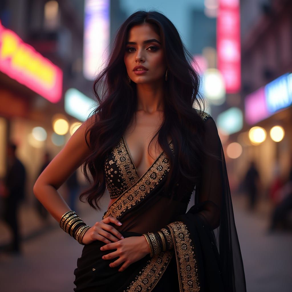 Elegant Woman in Modern Saree with Cityscape Background