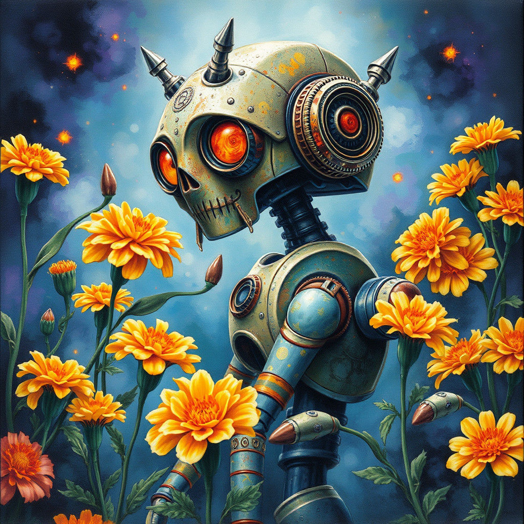 Fantasy Robot Tending Magical Marigolds in Oil