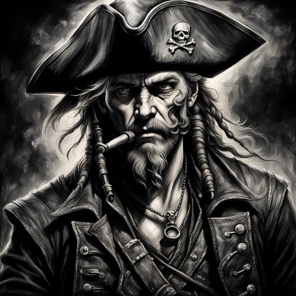 Dramatic Pirate with Saber: Charcoal Drawing in 8K