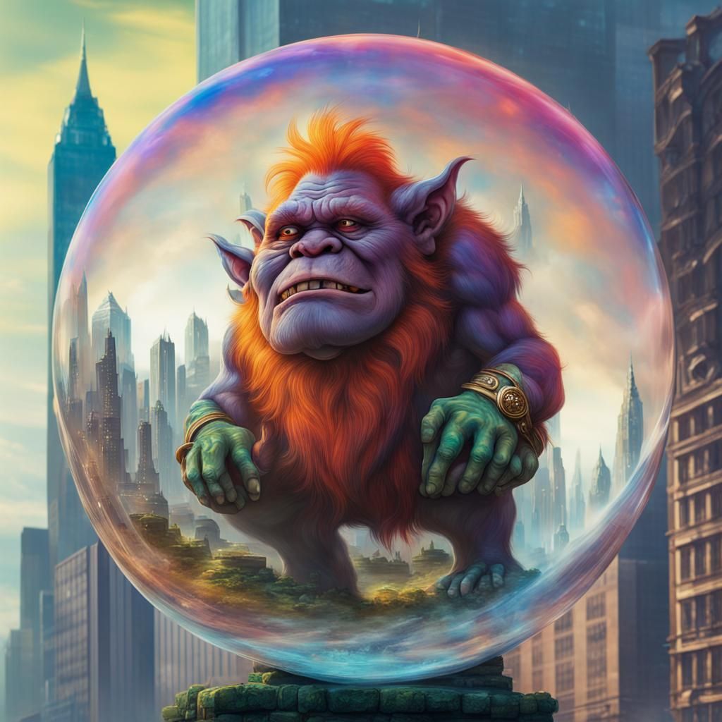 Giant ugly Troll blowing a Humongous Upside down crystal cle...