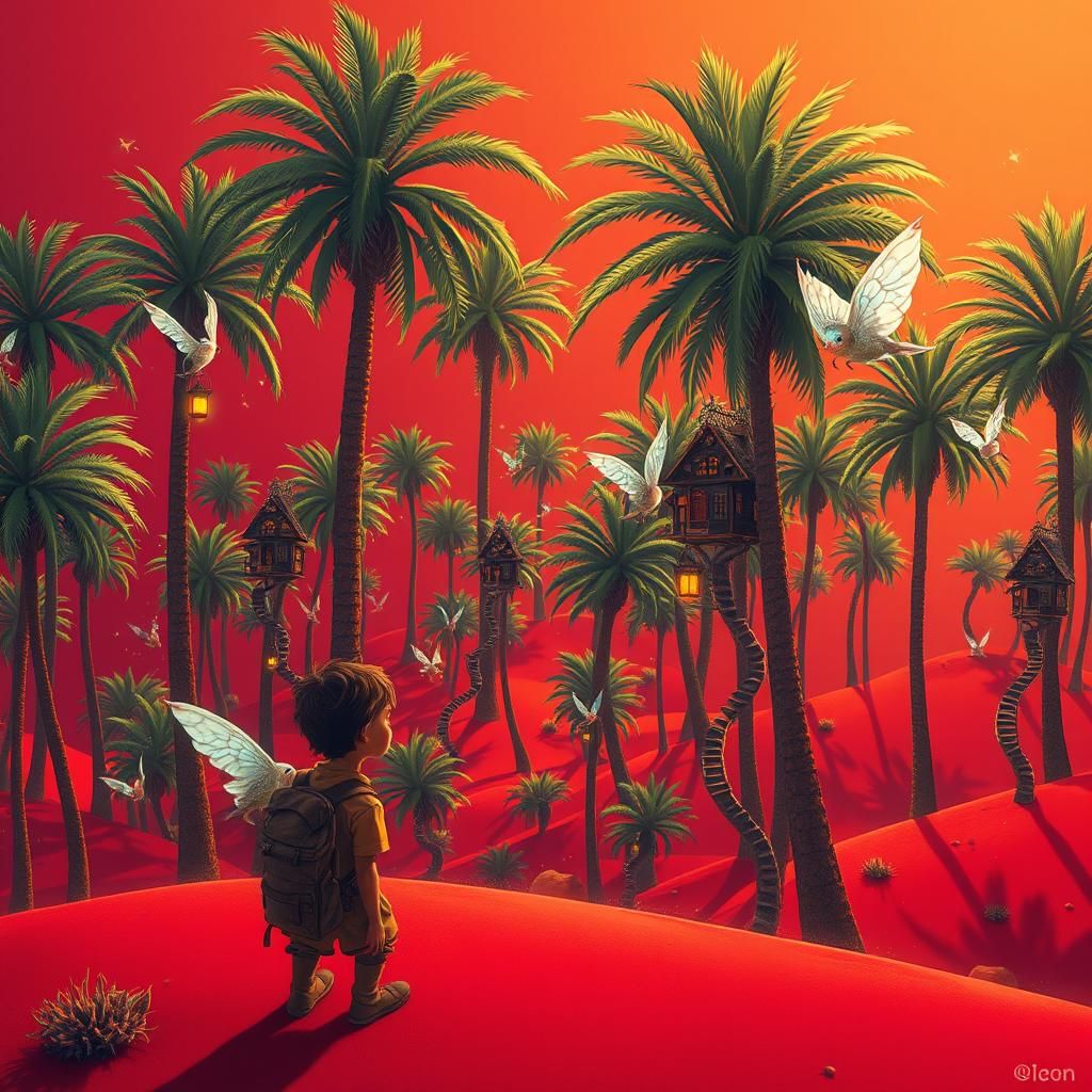 Miniature Houses in Desert Oasis: Surreal Digital Art
