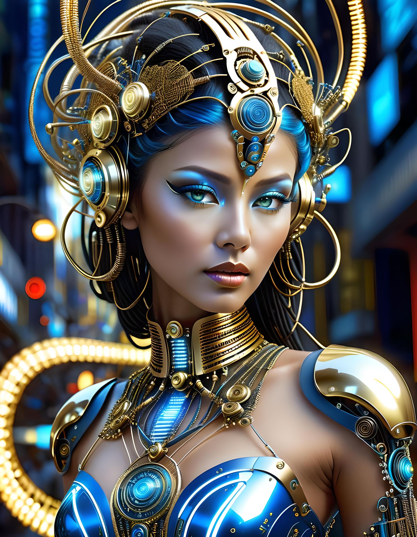 Elegant Biopunk Woman in Surreal Cityscape