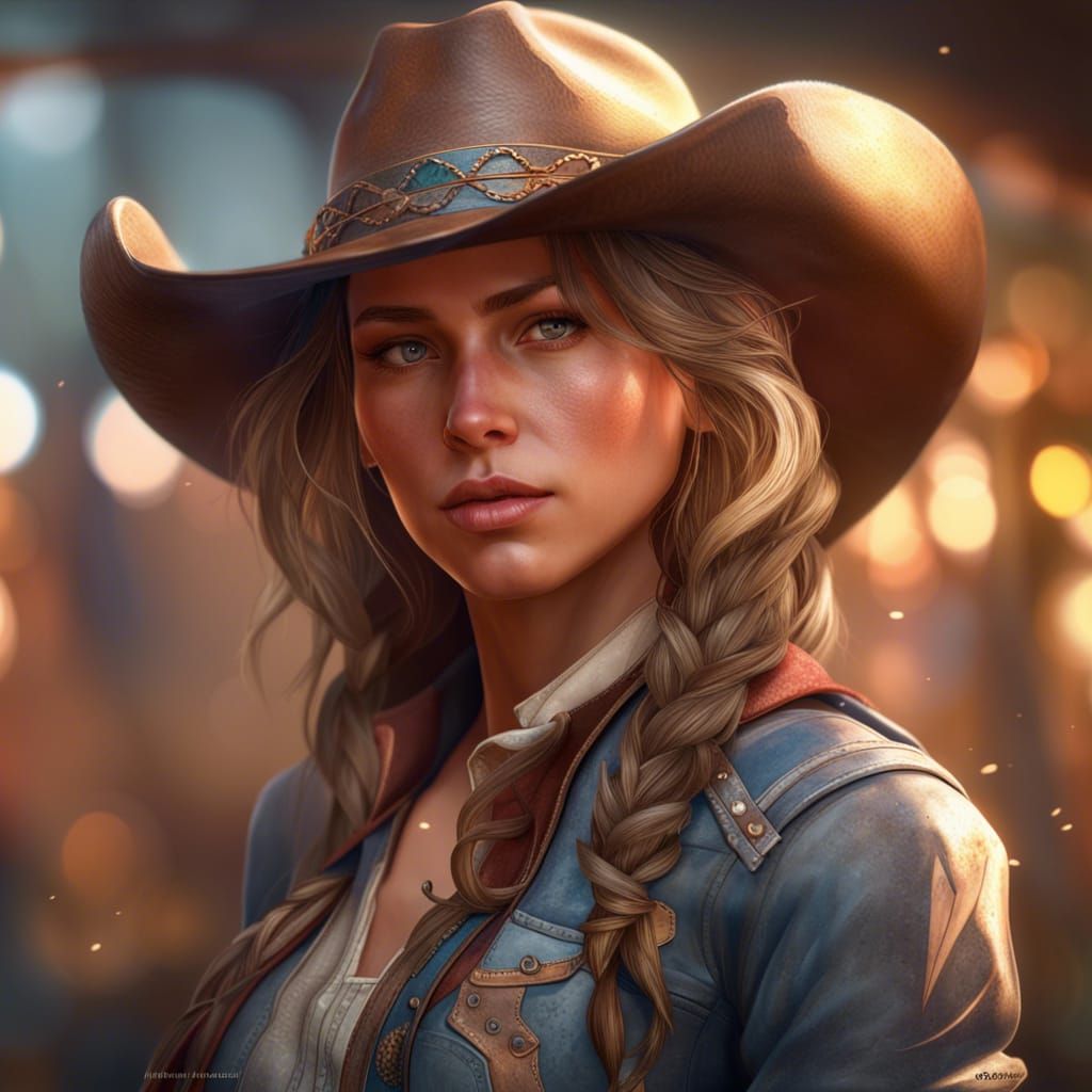 Pretty Cowgirl Portrait in Hyperdetailed Digital Art