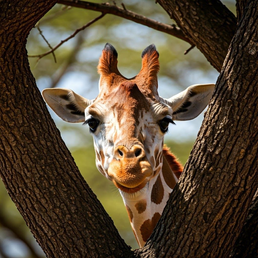 Cheeky Giraffe Peeks Through Acacia Branches
