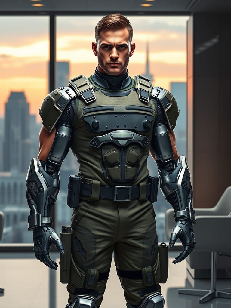 Cyborg Soldier in Sleek Office, Cyberpunk Style