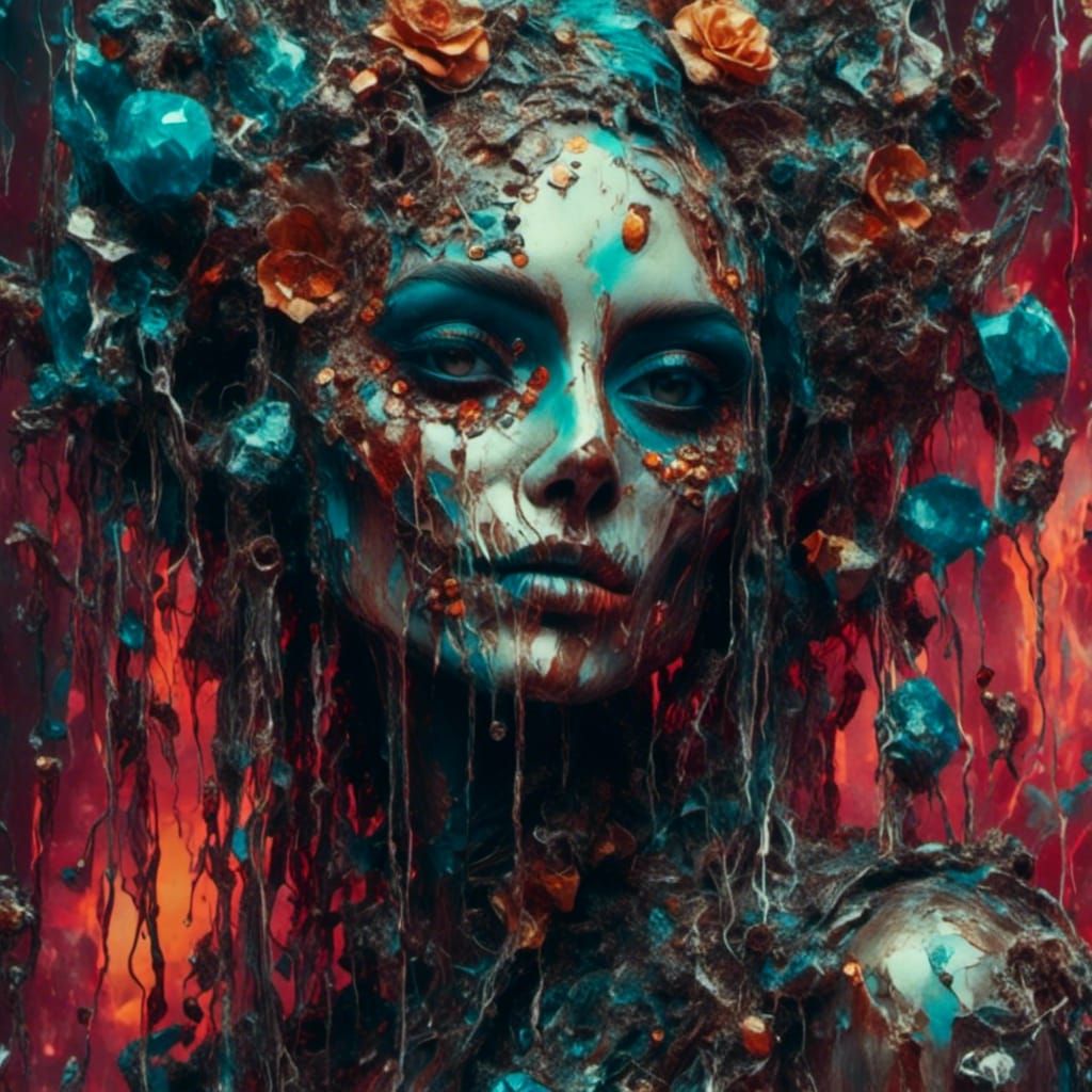 Surreal Skull Woman in Jeweled Landscape as Oil Painting
