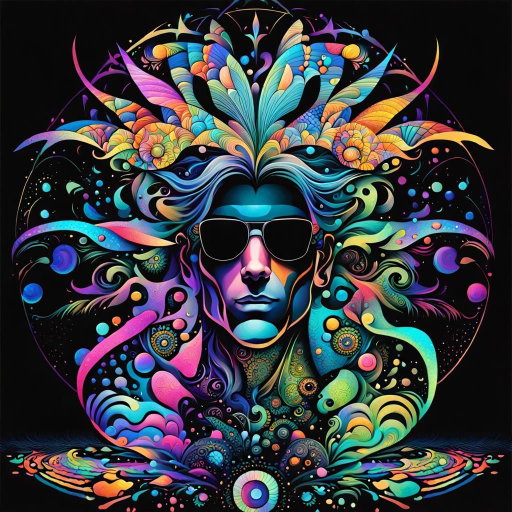 Psychedelic Fairy Man with Geometric Stained Glass Wings