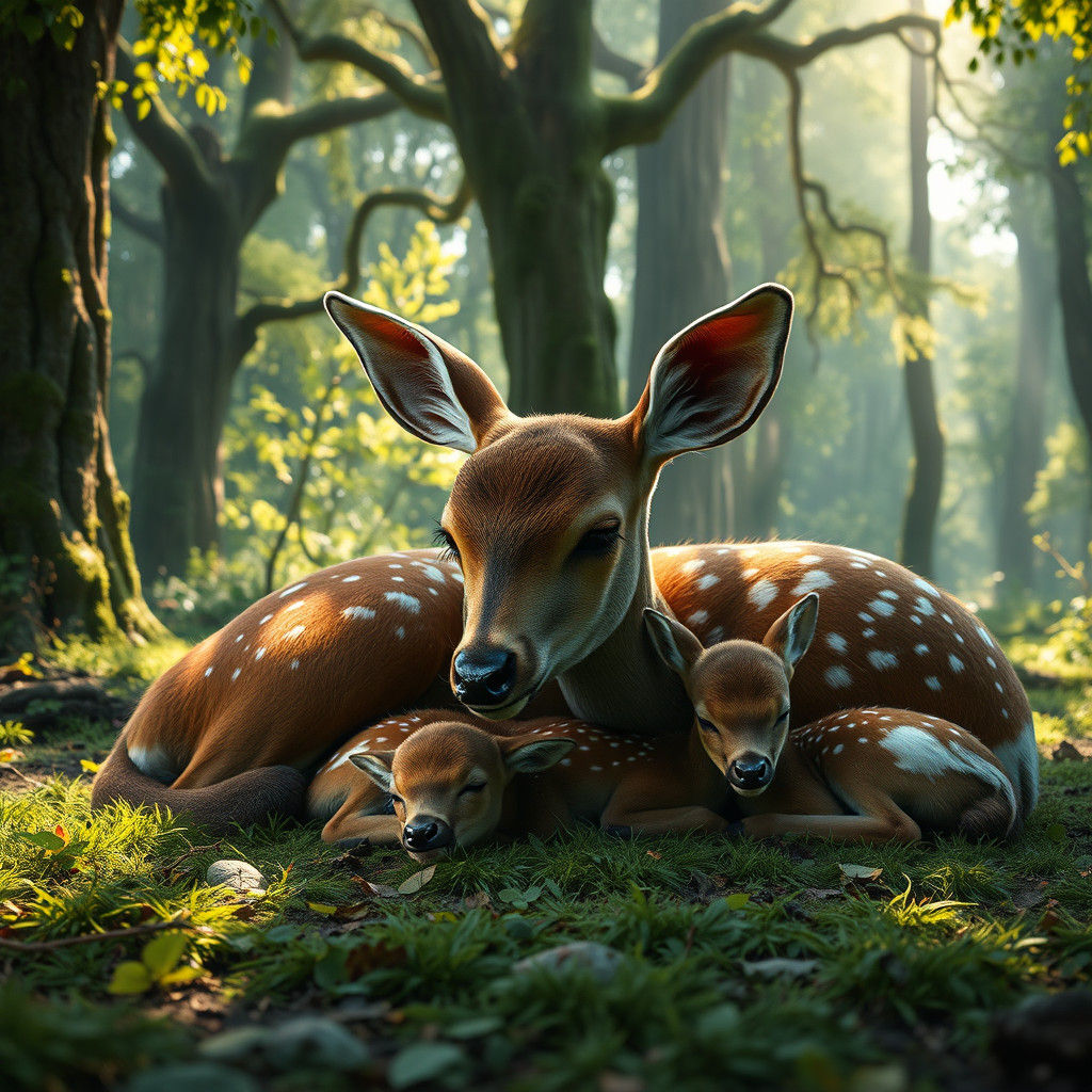 Doe and Fawns in Emerald Forest: Fantasy Art