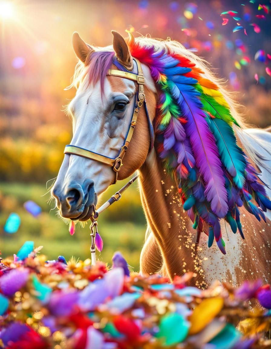 Vibrant Horses Wear Multicolored Feathers in a Rainbow Lands...