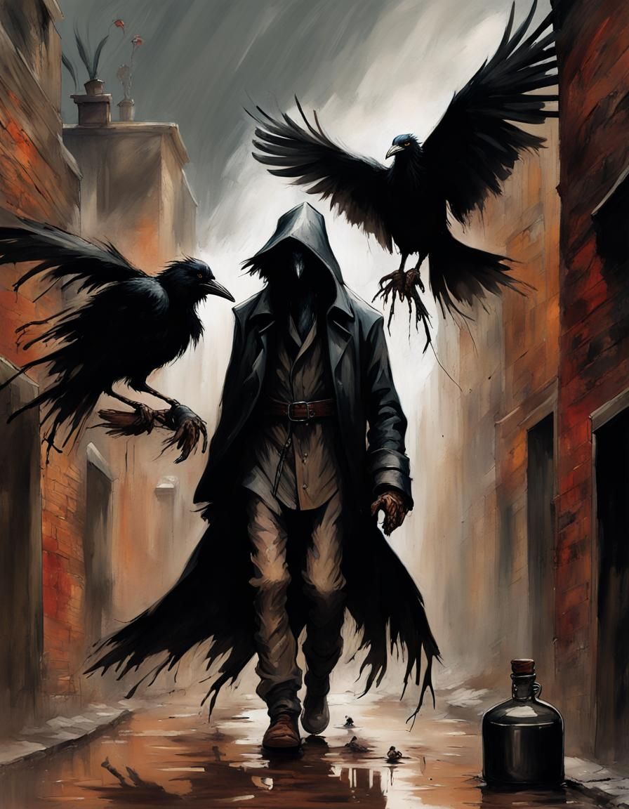 Kenku Alchemist in Foggy Alley with Raven Familiars