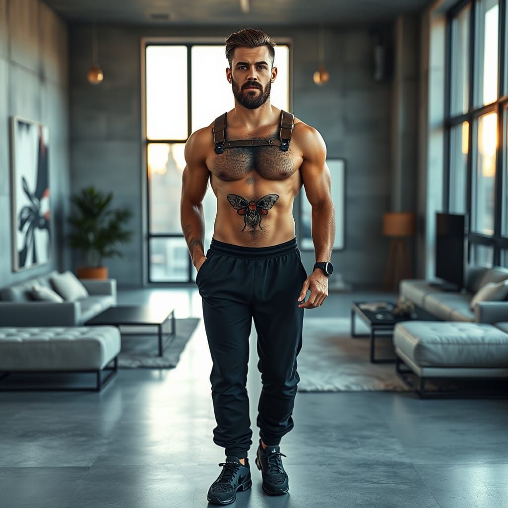 Athletic Man in Brutalist Apartment: Photorealistic Image
