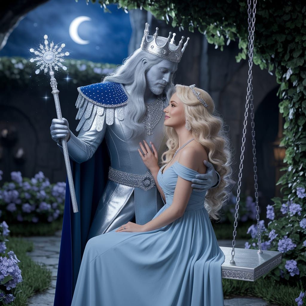 Silver King Embraces Woman in Moonlit Kingdom