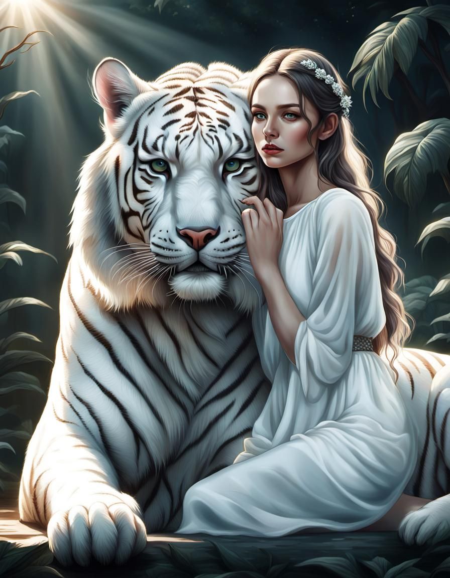Girl with White Tiger: Hyperrealistic Digital Art