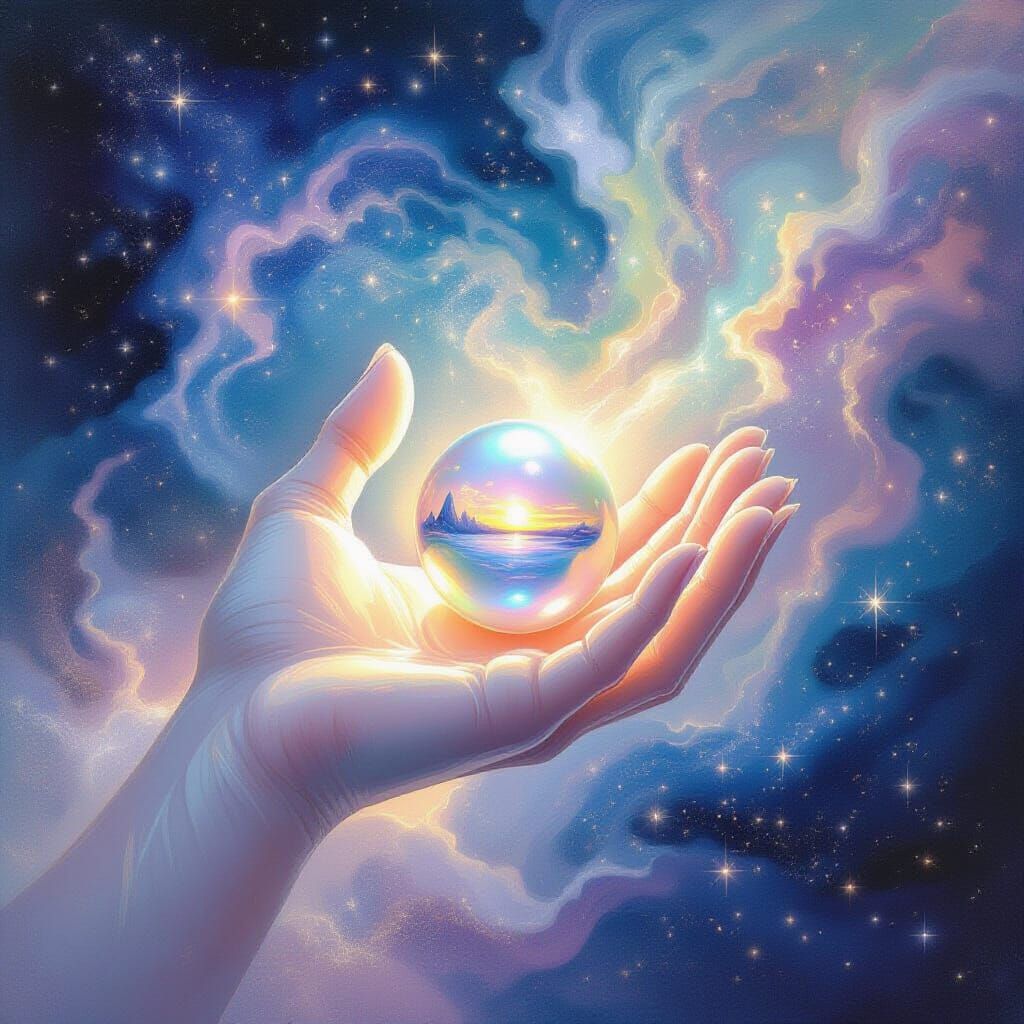 Ethereal Hands Reach From Pastel Nebula Holding Pearl