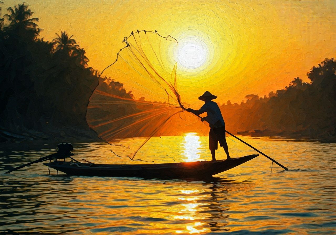 Thai Fisherman Casting Net at Sunrise in Expressive Oil Styl...