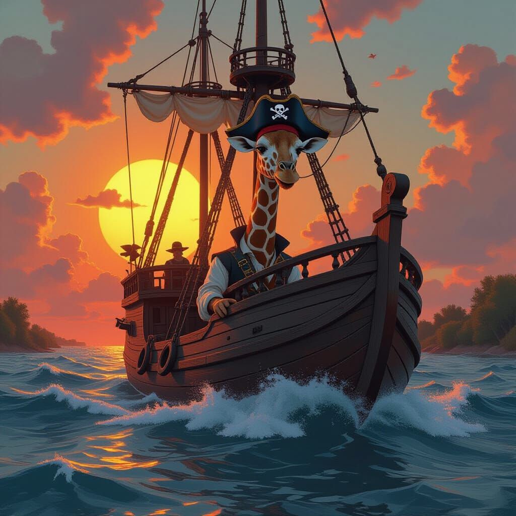 Giraffe Pirate Steers Ship on Rough Seas