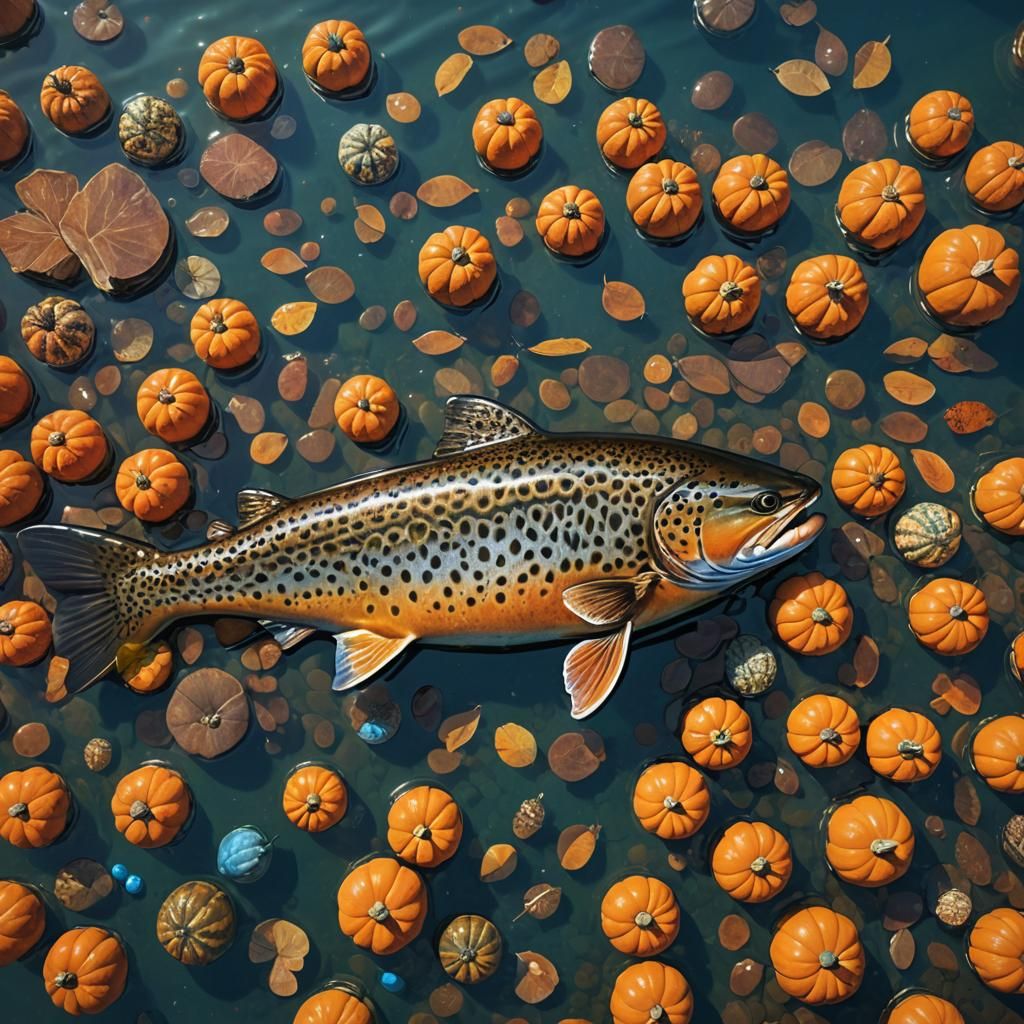 Giant Trout Surrounded by Mystical Pumpkins