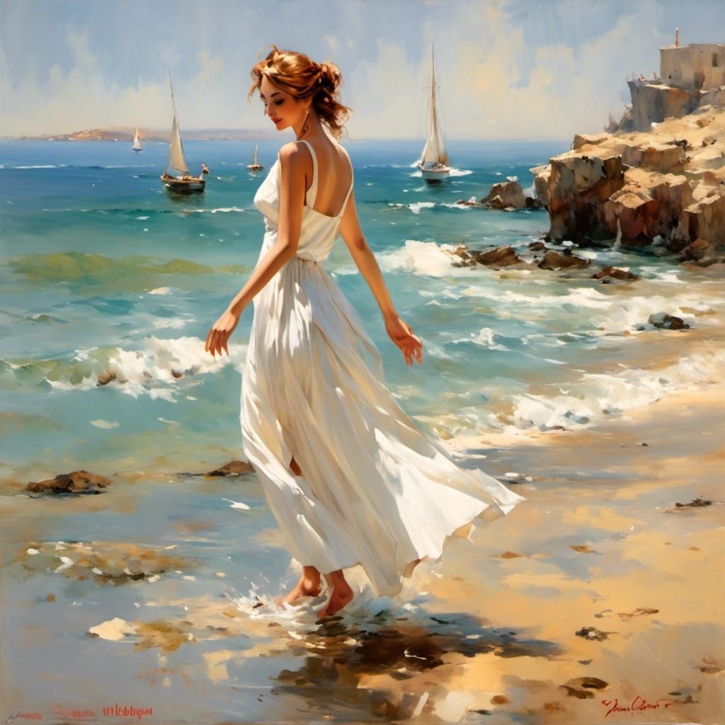 Smiling Woman Wades on Maltese Coast