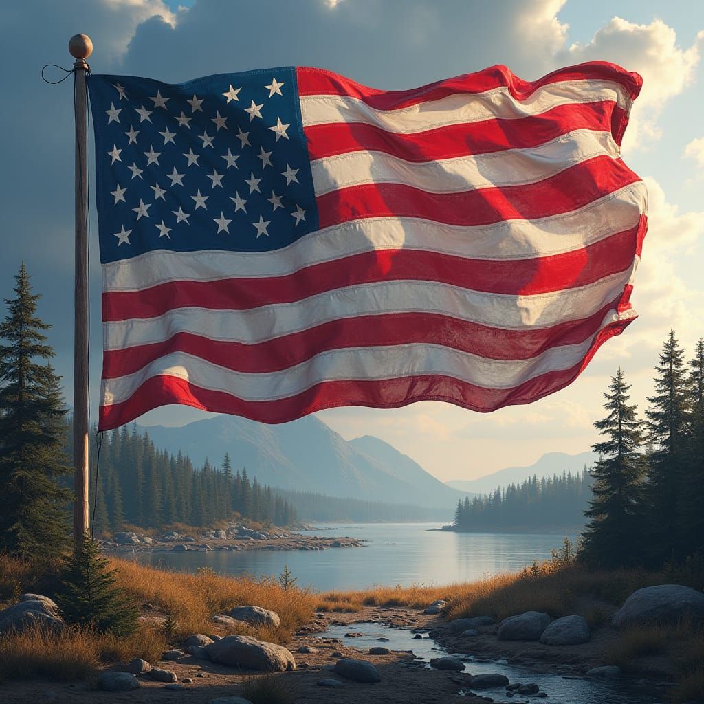 Hyperrealistic Independence Scene with American Flag and Eag...