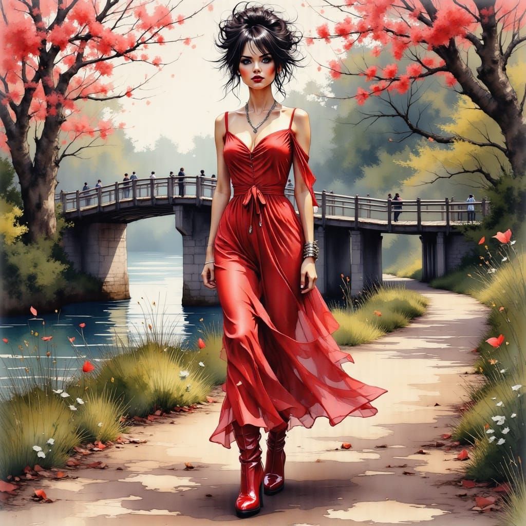 Elegant Woman in Fairytale Illustration Beside River