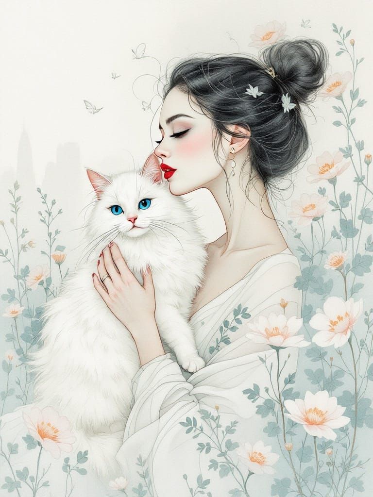 Ethereal Woman with Cat in Art Nouveau Dreamscape