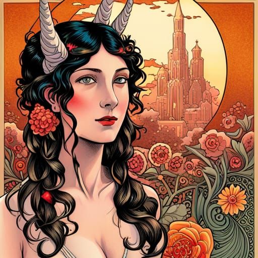 Wolf-Eared Woman with Unicorn Horn in Art Nouveau Style