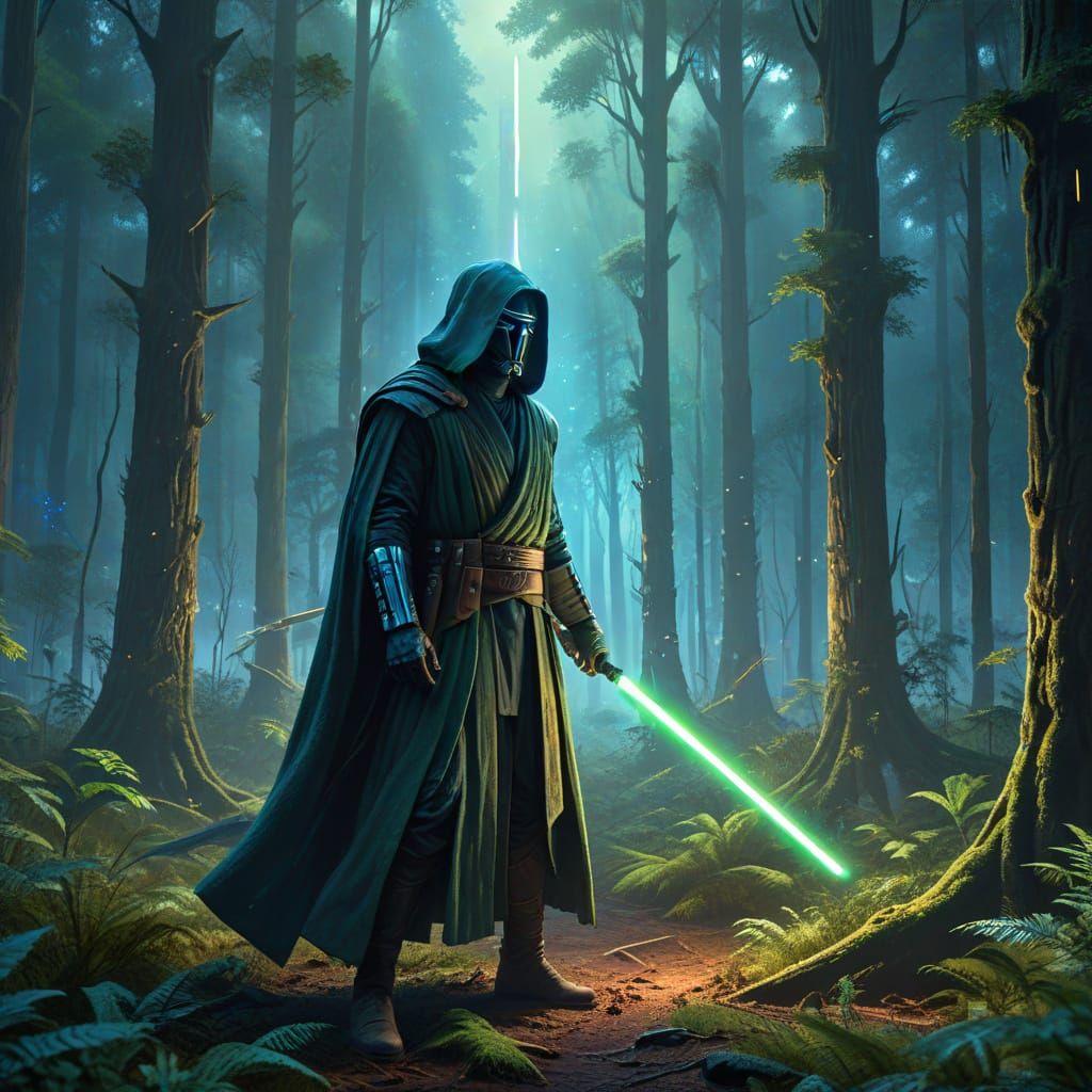 Jedi Knight in Galaxy Forest: Sci-Fi Digital Art