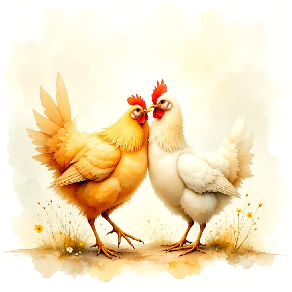 Recursive Crane and Hen in Watercolor