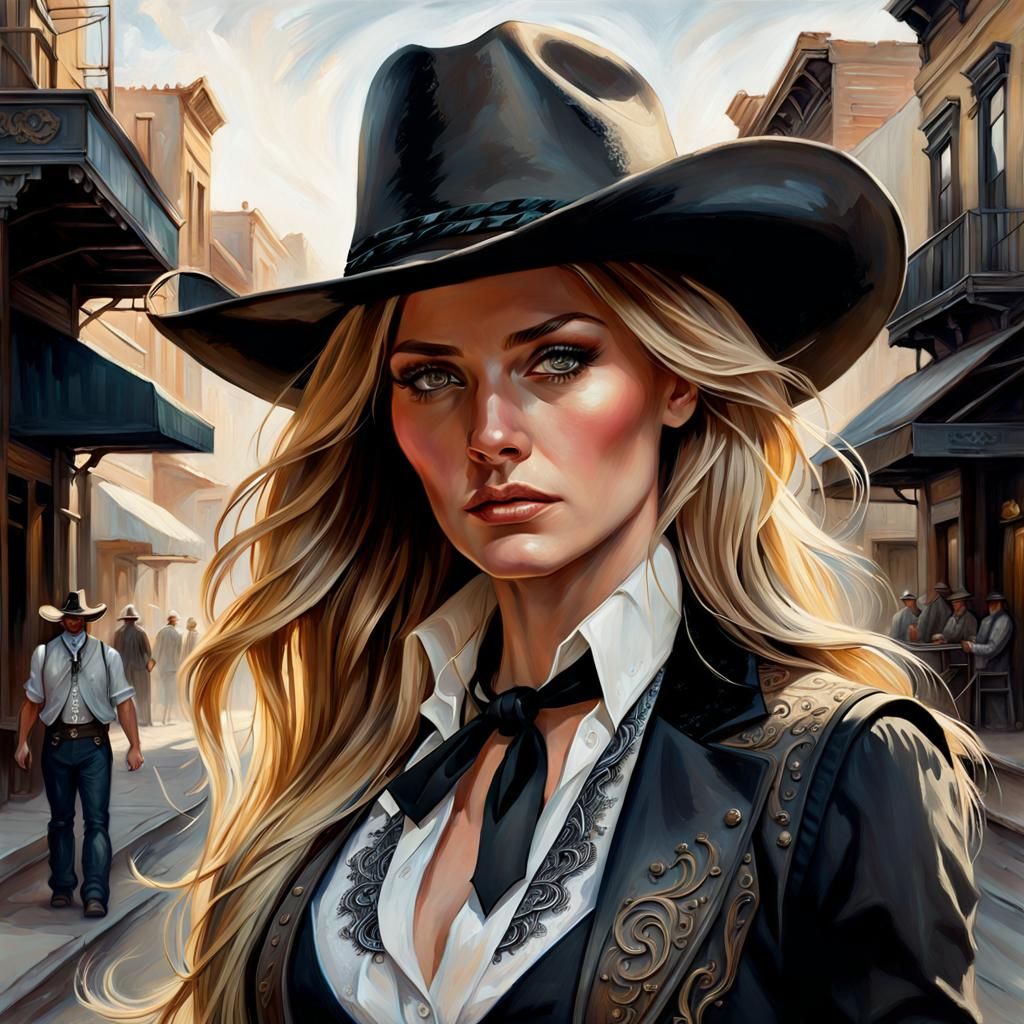 Beautiful Woman in Cowboy Hat: Oil Painting Portrait
