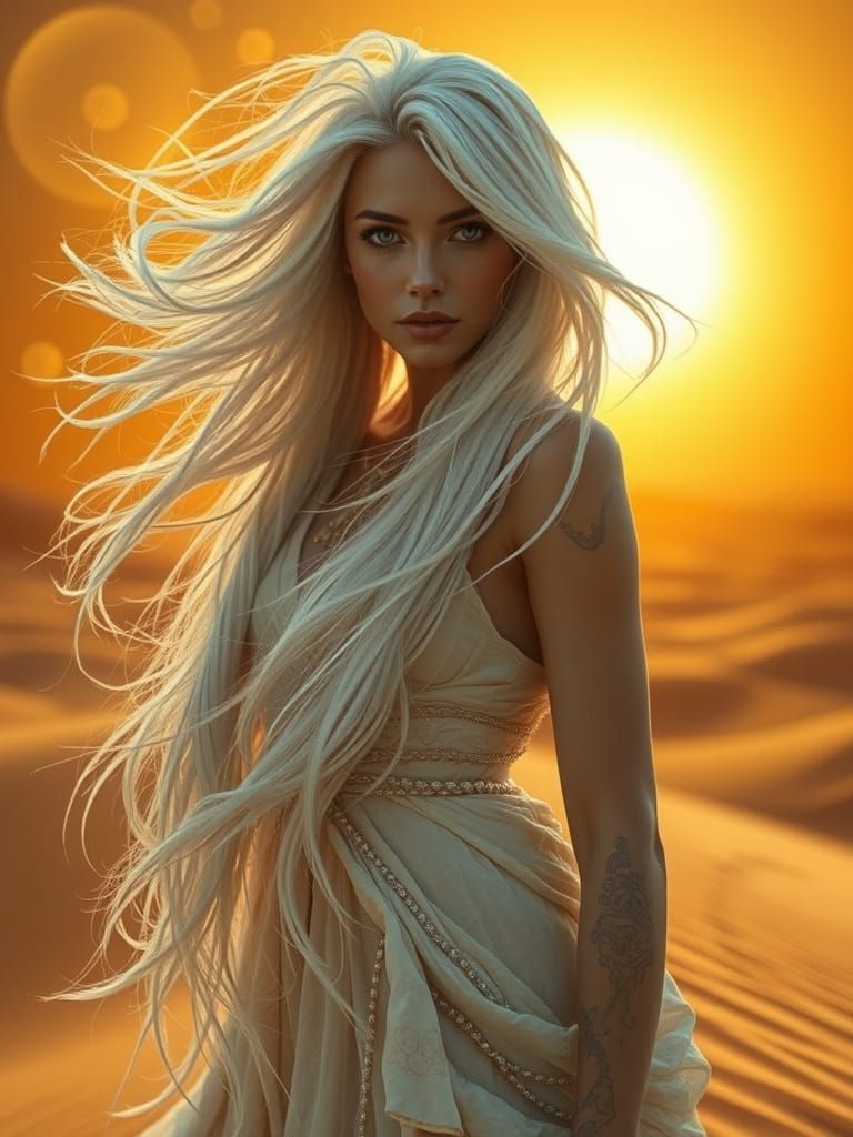 Surreal Ivory-Haired Figure in a Desert Landscape