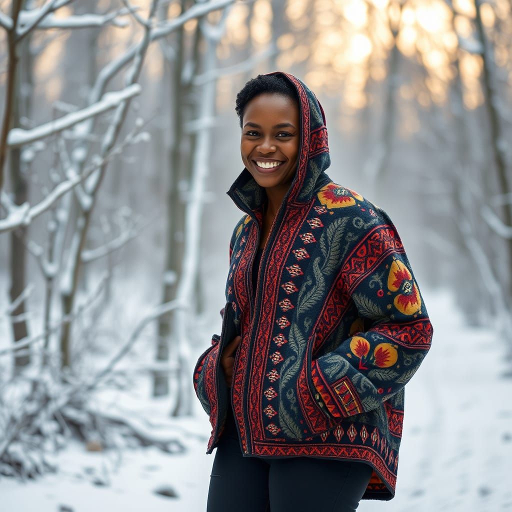 African Woman in Vibrant Namibian-Inspired Parka Captured in...