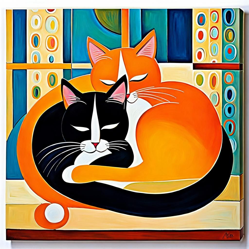 Retro Cats Sleeping in Neo-Impressionist Style