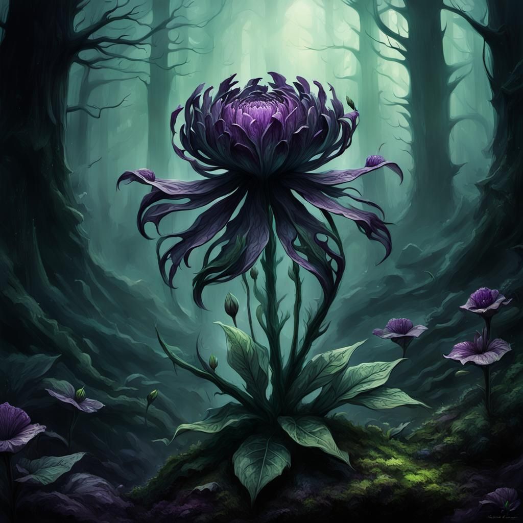 Dark Fantasy Bloom in Desolate Forest, in Muted, High Contra...