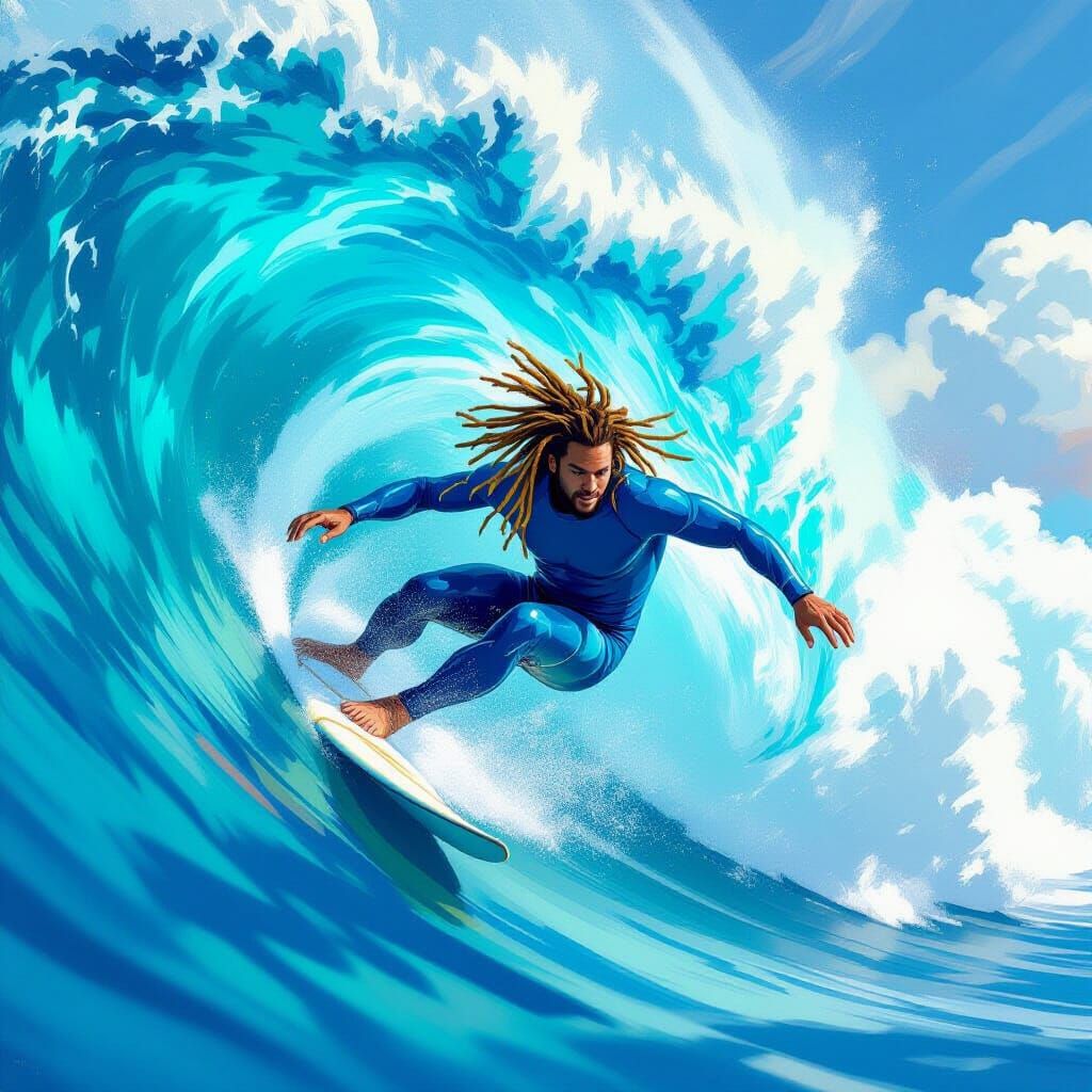Surfer with Dreadlocks Rides a Massive Wave