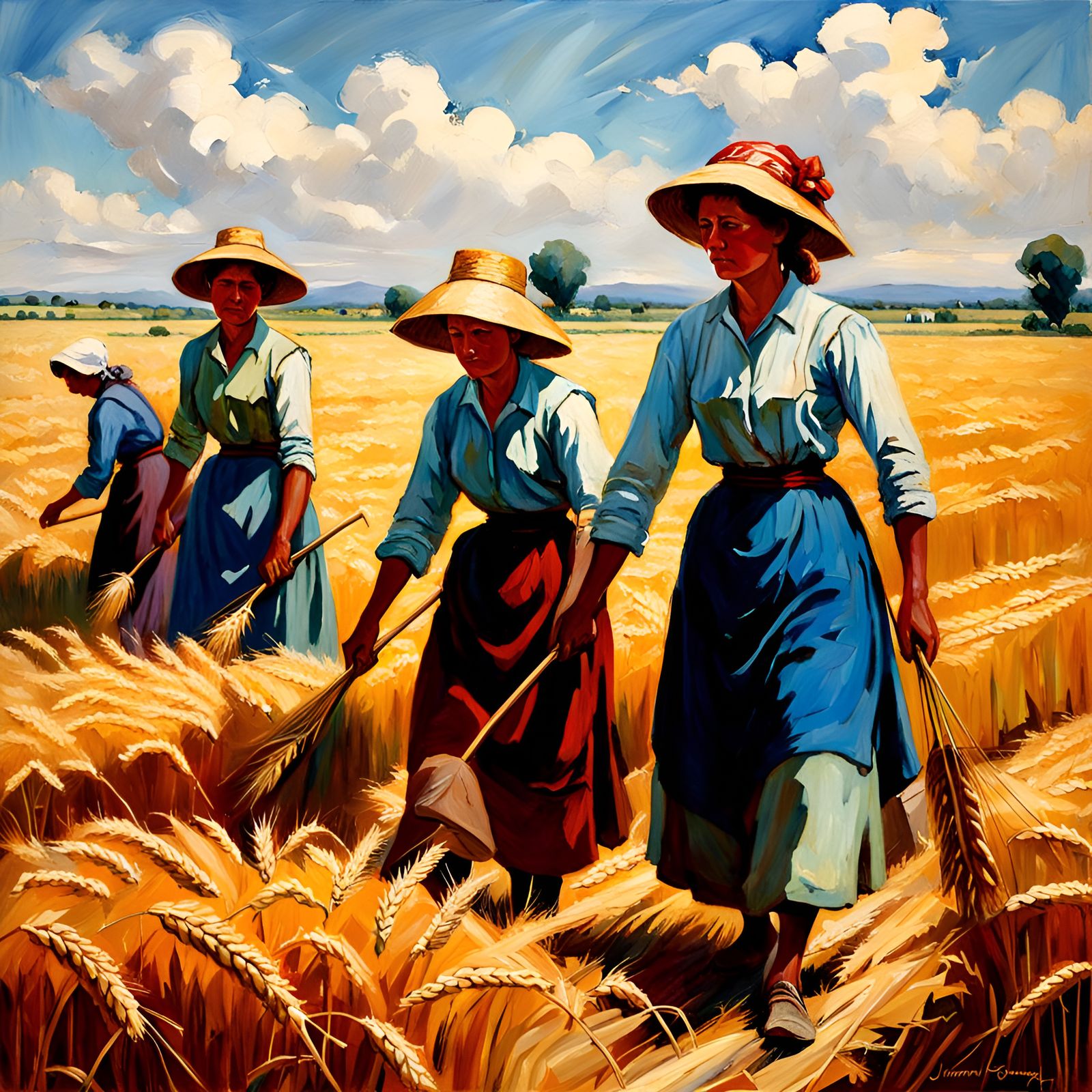 Women Harvesting Wheat, Oil Painting Style