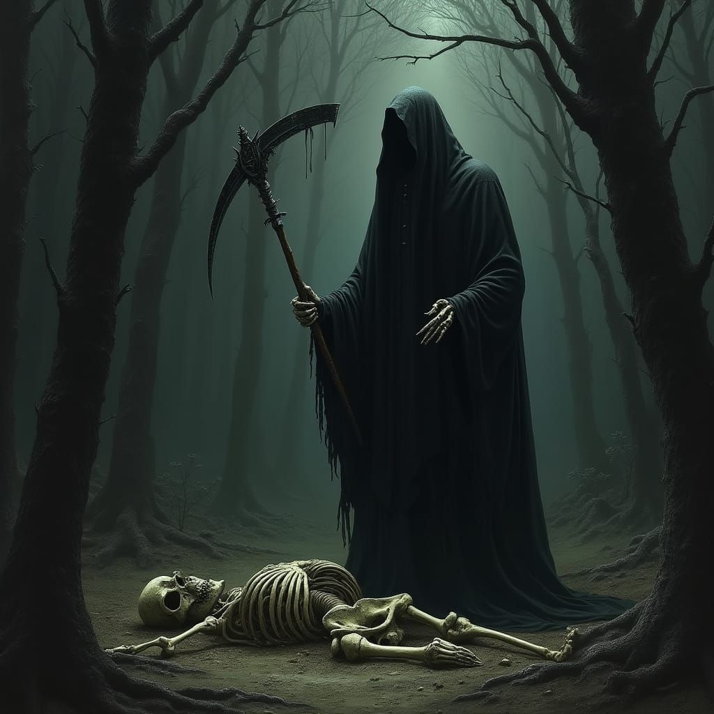 Grimdark Fantasy Art of Death and Skeleton in Eerie Forest