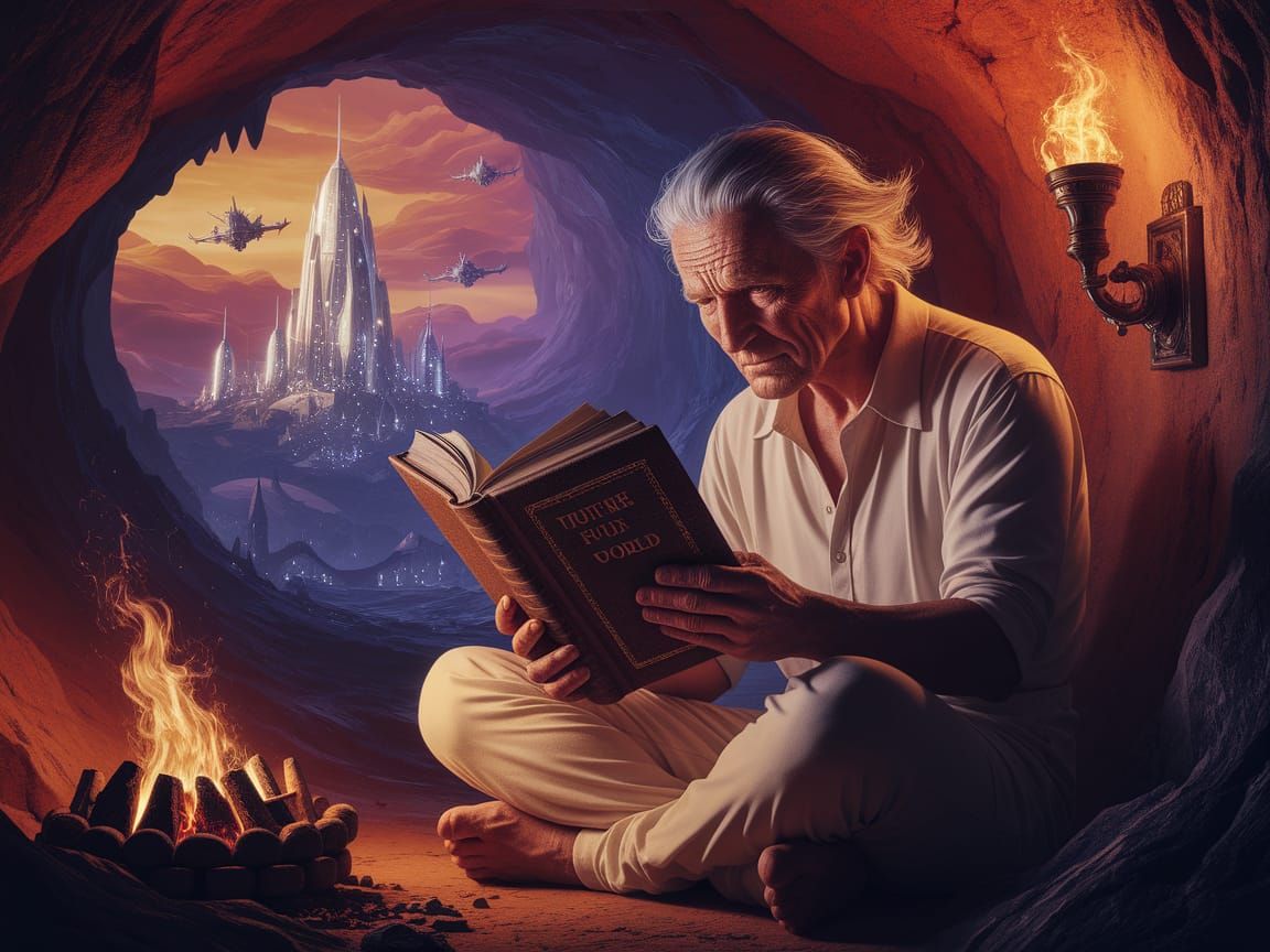 Art Nouveau Elder Reads of Future in Cavern