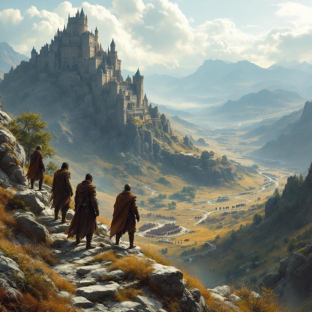 Hunters Observe Mountain Castle in Matte Painting Style