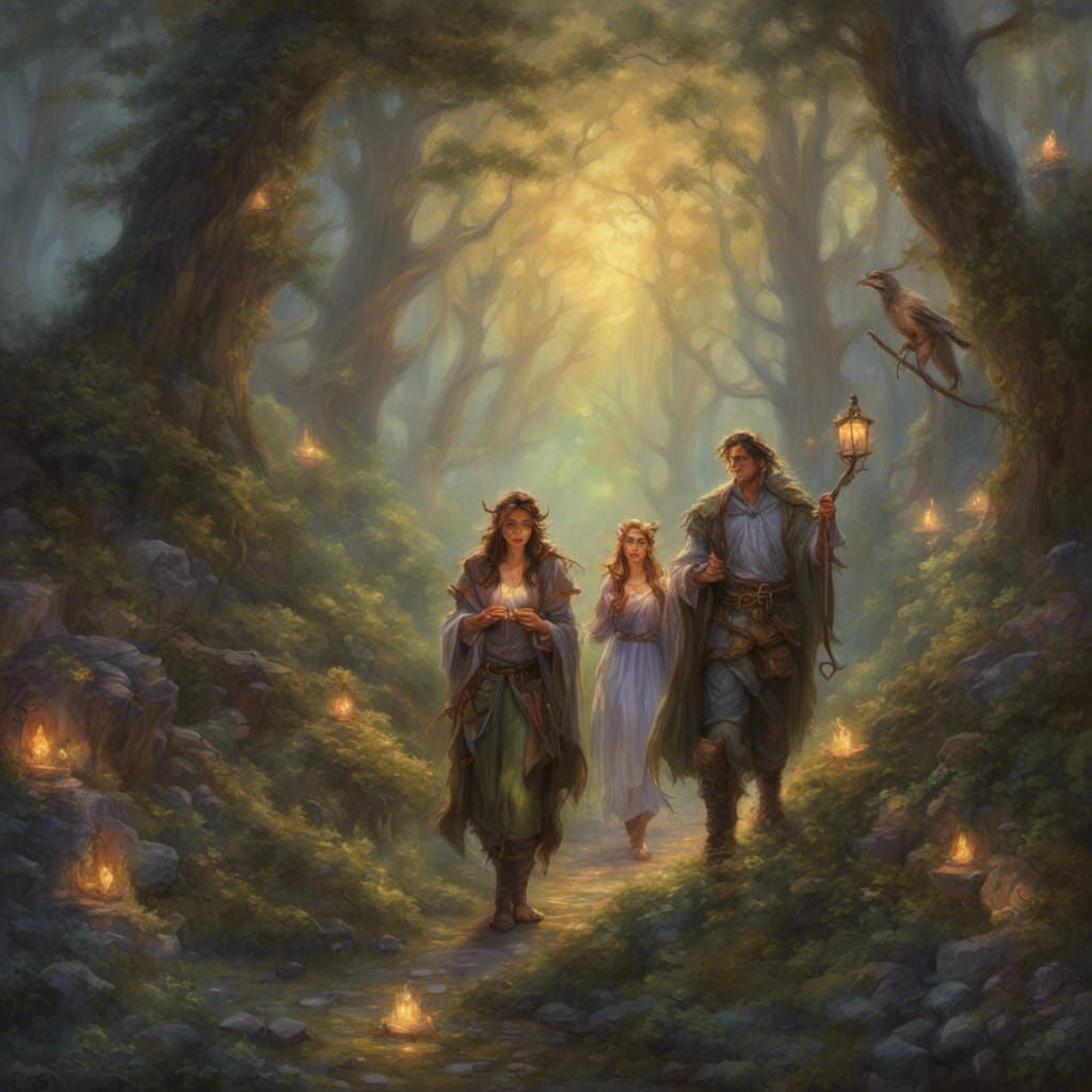 Adventuring Party Walking Through Firefly Forest