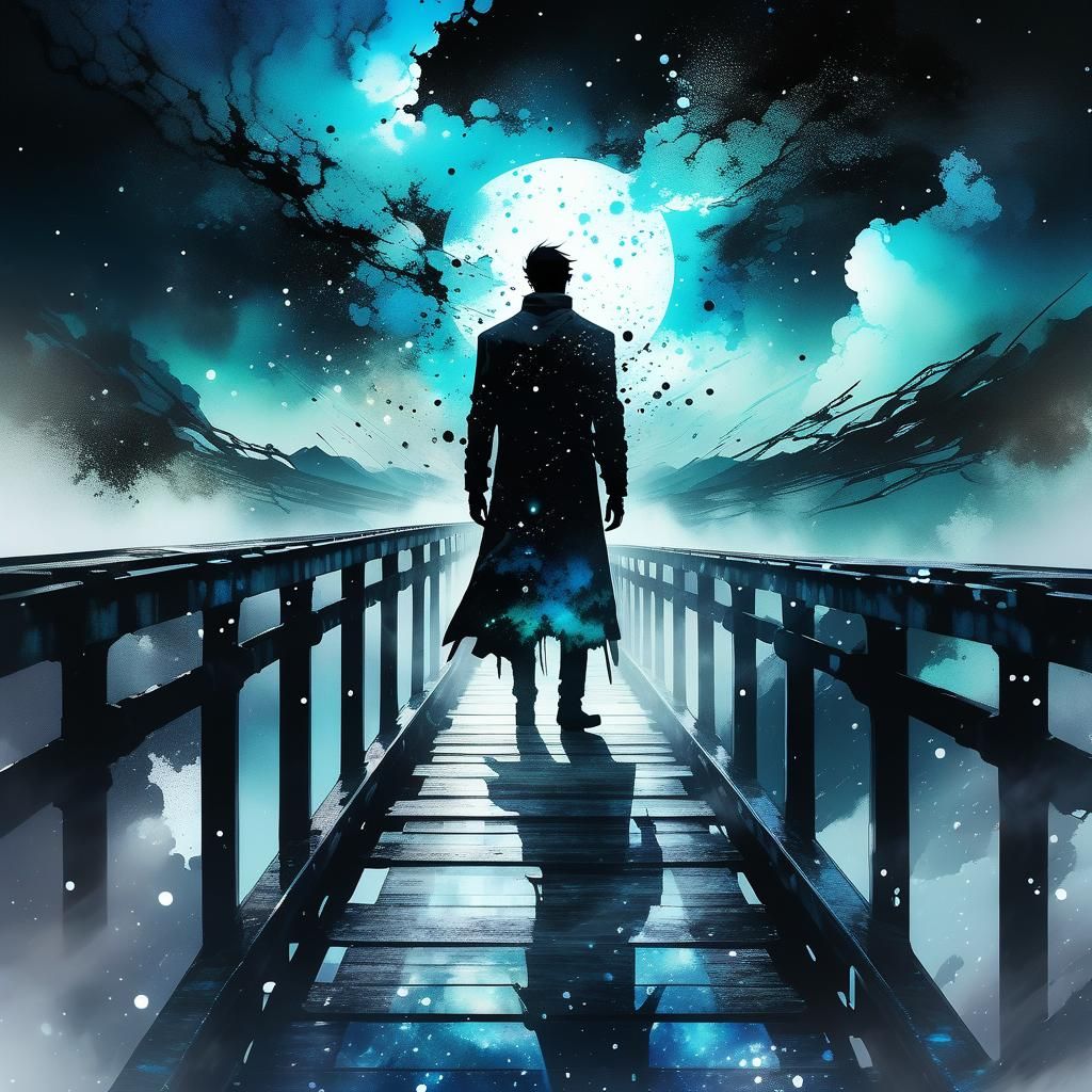 Mysterious Figure on Bridge with Milky Way