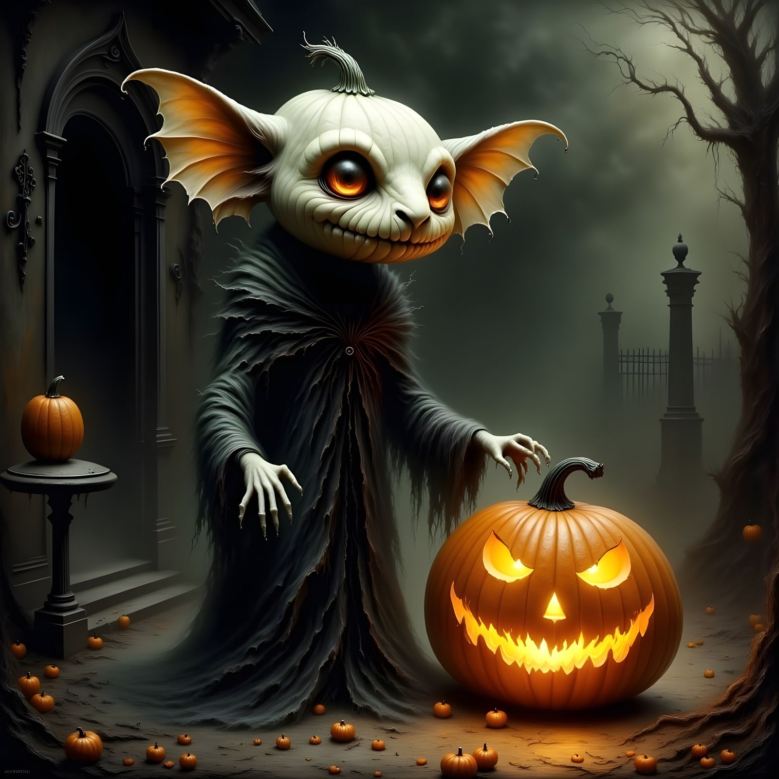 Gothic Halloween Creature with Glowing Pumpkin