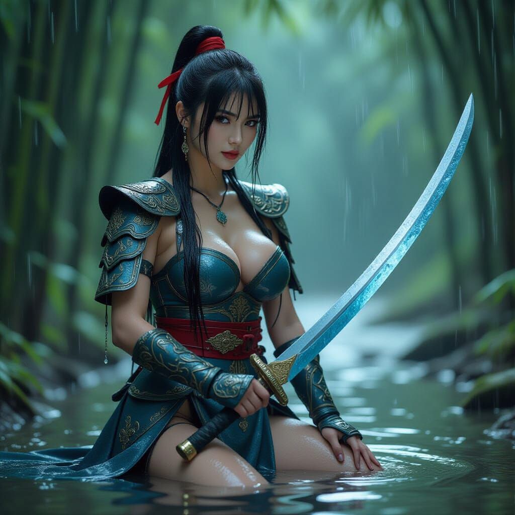 Chinese Woman with Crystal Sword in Heavy Rain