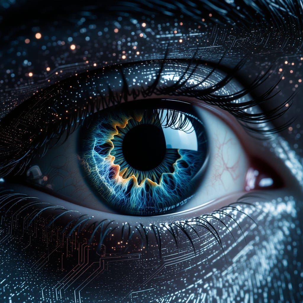 Cyberpunk Eye: Galaxy Iris, Black Hole Pupil, Circuit Skin
